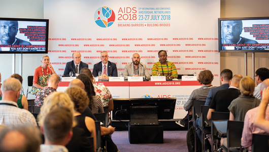 Conferencia de prensa sobre la Criminalización del VIH, en la AIDS 2018. ©International AIDS Society/Steve Forrest/Workers' Photos.